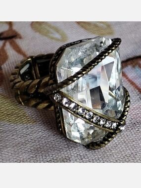 Emerald Cut Large Clear Stone Cocktail Ring Stretch Brass Tone Rhinestone Size 7